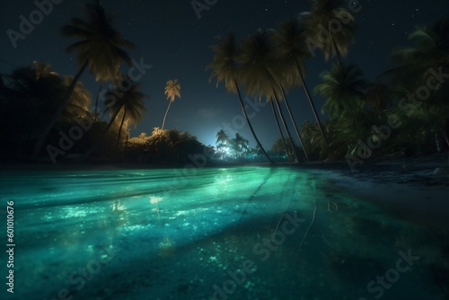 beach paradise vacation tree ocean palm blue luminous sky night tropical. Generative AI.