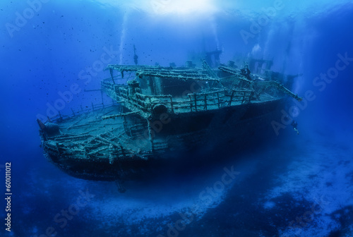 A group of unrecognizable divers explore a sunken shipwreck in the blue, mediterranean sea at Naxos island, Greece