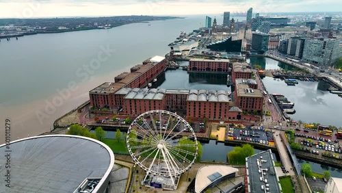 Aerial view of a Liverpool Waterfront, a lively cultural hub on the River Mersey, England, UK photo