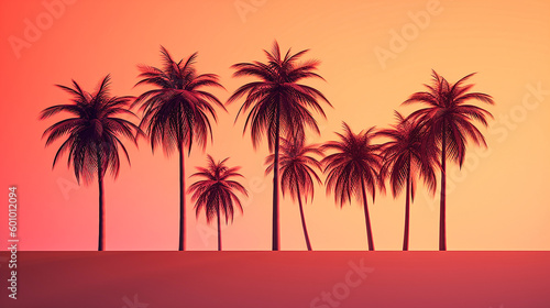 Tropical Paradise - Silhouettes of Coconut Trees at Sunset. Generative AI.