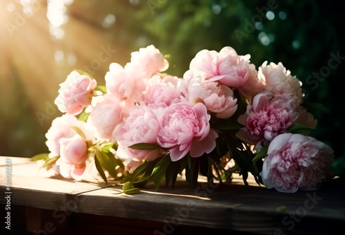 Romantic bouquet of peonies in the garden on a wooden table in the sunlight. AI generated © misu