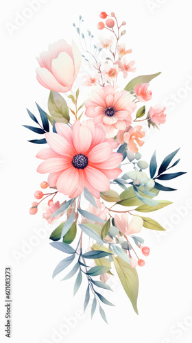 Flores de acuarela. Ilustración de acuarela pintada a mano. Aislado sobre fondo blanco. © Helena GARCIA