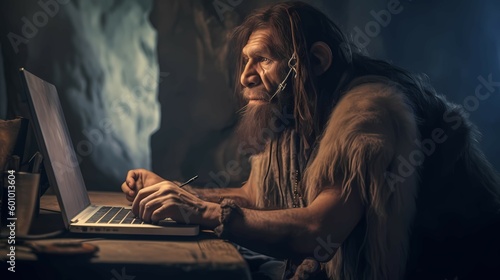 A caveman working at a computer. Generative AI photo