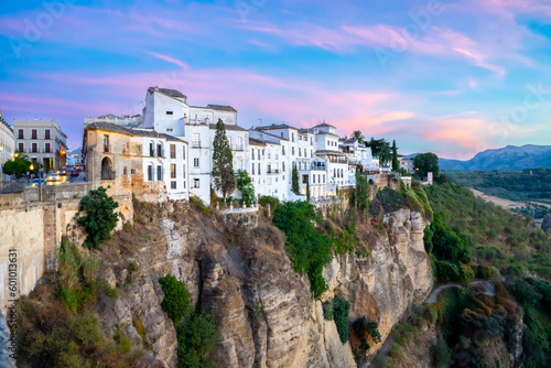 Puente Nuevo in Ronda, in the province of Malaga, overlooking the gorge and hanging houses during a sunny summer day