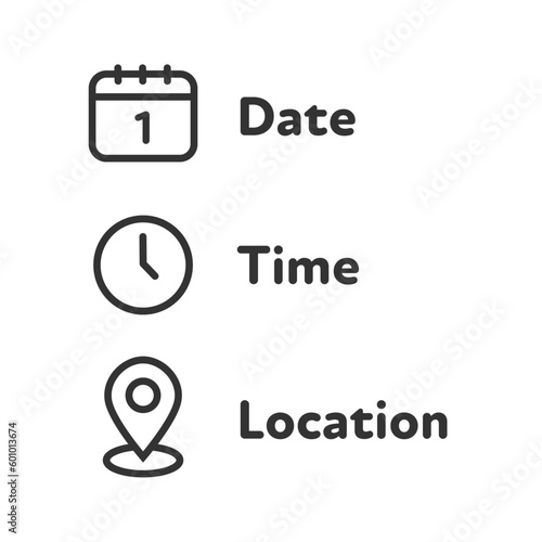 Date, time, location icon with flat style. Event message on isolated background. Information symbol business concept. Editable stroke vector stock illustration.
