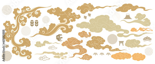 Set of hand drawn cloud with Japanese pattern vector. Oriental decoration with logo design, flyer or presentation in vintage style. Fuji mountain, bamboo, bonsai tree element with geometric shape. 