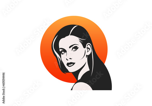 Vector monochrome nice lady with half turn long hair on sunset or sunrise background. White isolated background. Logo, sticker or icon.