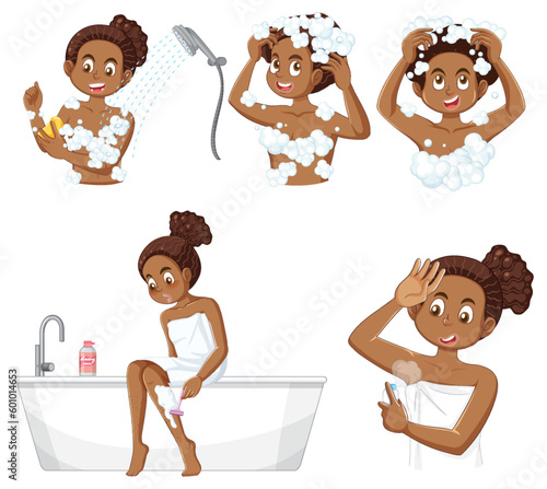 Set of female teen doing self care cleaning routine