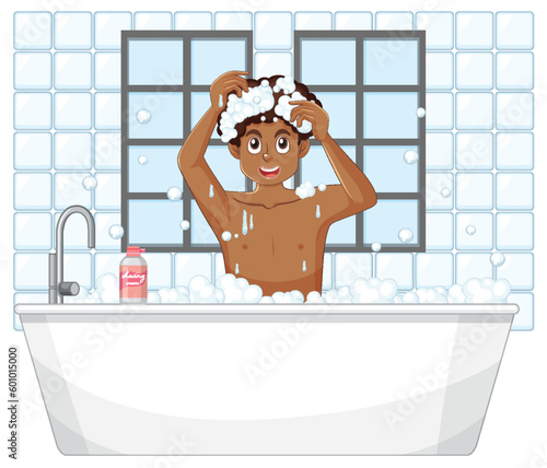 A male teen taking a bath