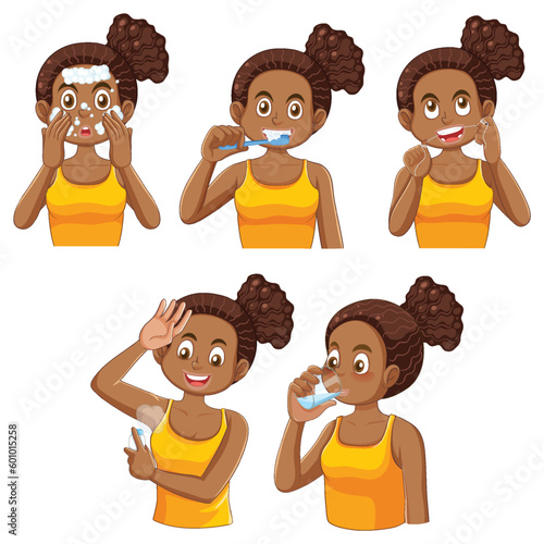 Set of Afro female teen doing self care routine