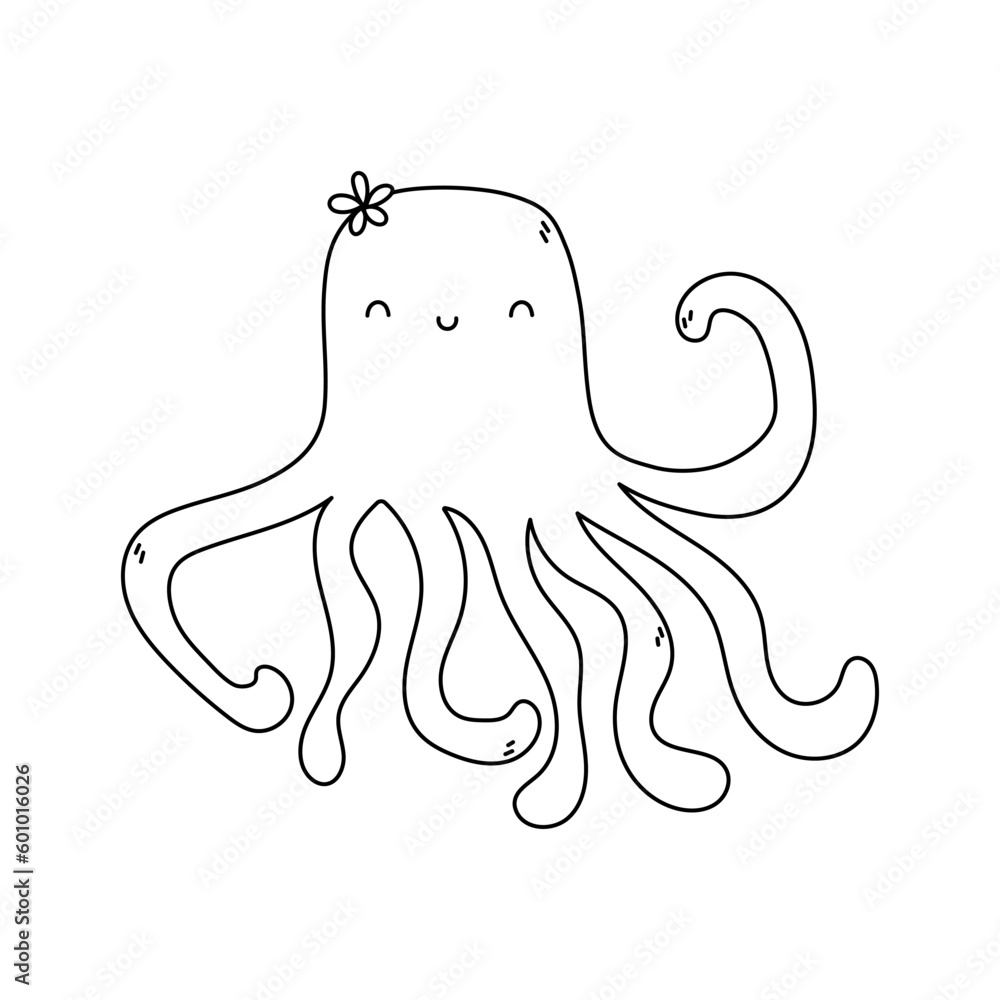 Cute doodle Octopus. Black and white Octopus. Vector illustration isolated on a white background Cute doodle Octopus. Black and white Octopus. Vector illustration isolated on a white background