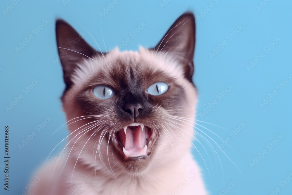 Medium shot portrait photography of an angry siamese cat scratching against a pastel or soft colors background. With generative AI technology
