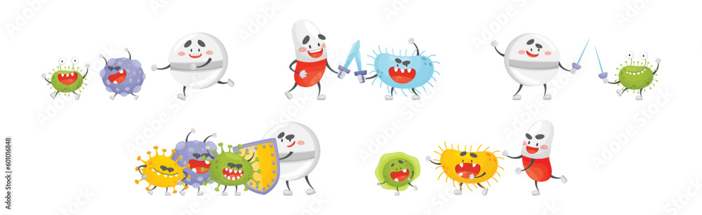 Fototapeta premium Medical Tablet and Pill Fighting Against Virus and Microbes Vector Set