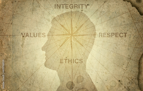 Human head and compass points to the ethics, integrity, values, respect. The concept on the topic of business, trust, psychology etc.