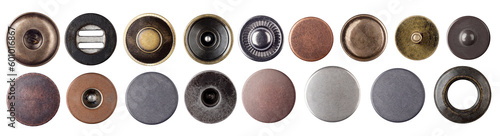 Metal jeans buttons and rivets set collection on white background.