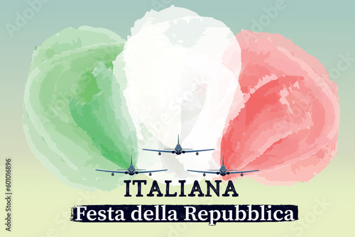 Air Force celebrating Italy's Republic Day text, jet planes parade card. Fighters releasing  white, green and red smoke.