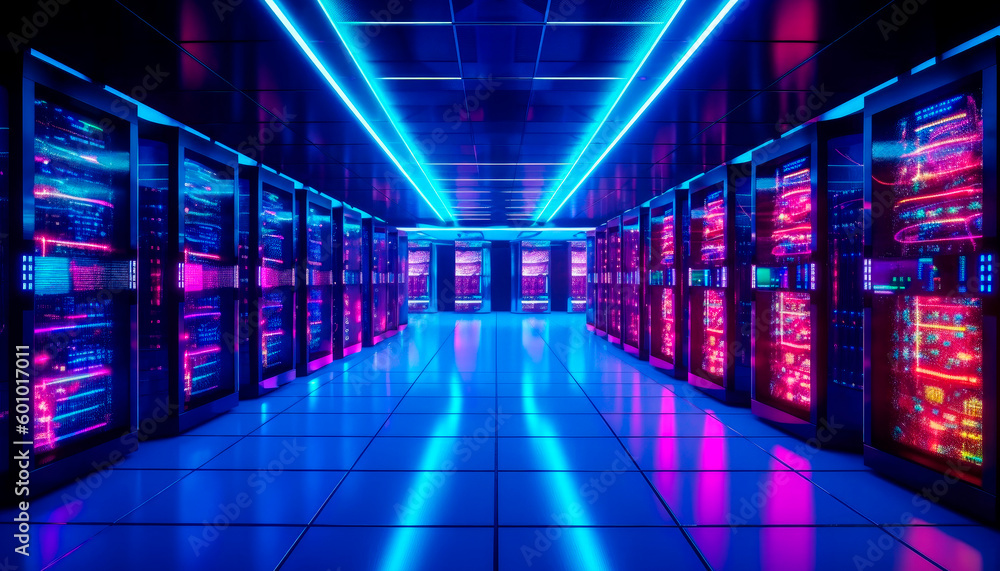 Futuristic server racks in computer network security server room. AI generative