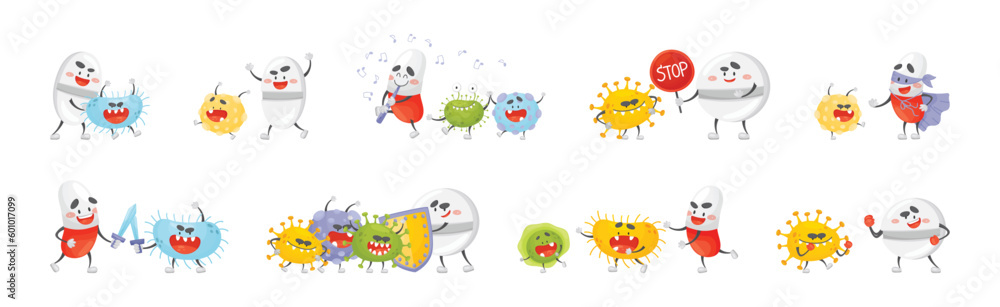 Naklejka premium Medical Tablet and Pill Fighting Against Virus and Microbes Vector Set