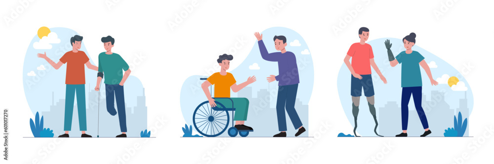 Сoncept of helping and recovering people with special needs, flat vector illustration Сoncept of helping and recovering people with special needs, flat vector illustration