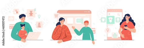 Set of family shopping online. Moms and dad ordering things in store