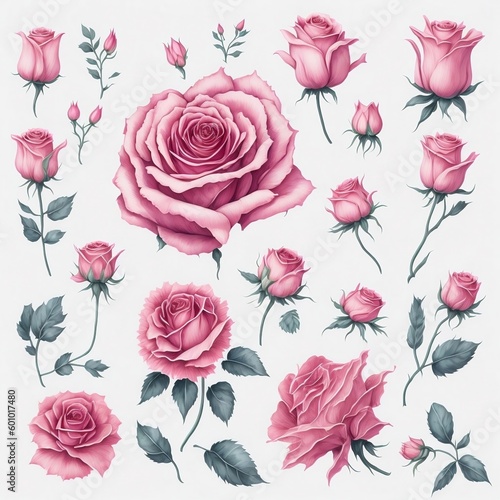 An illustration clip art of a watercolor rose with assorted designs