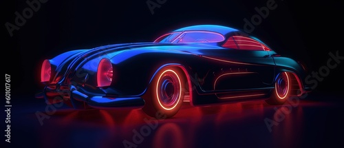 futuristic retro sport car driving speedily with light reflections in the dark