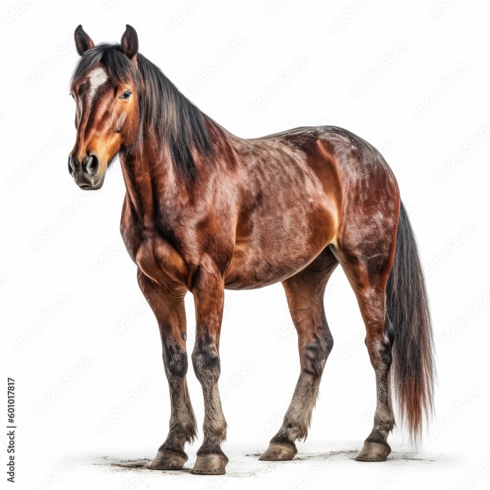 Naklejka premium Horse standing and looking at camera isolated on white background with shadow. generative AI