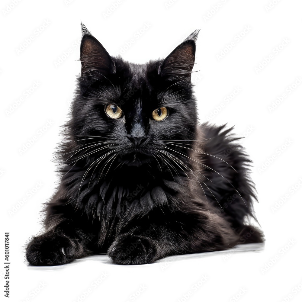 sitting Black cat isolated on white background, close-up, front view. generative AI