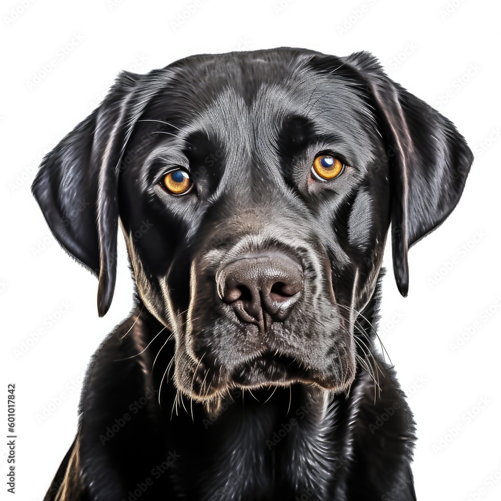 Close-up portrait of a black labrador retriever, isolated on white. generative AI Close-up portrait of a black labrador retriever, isolated on white. generative AI