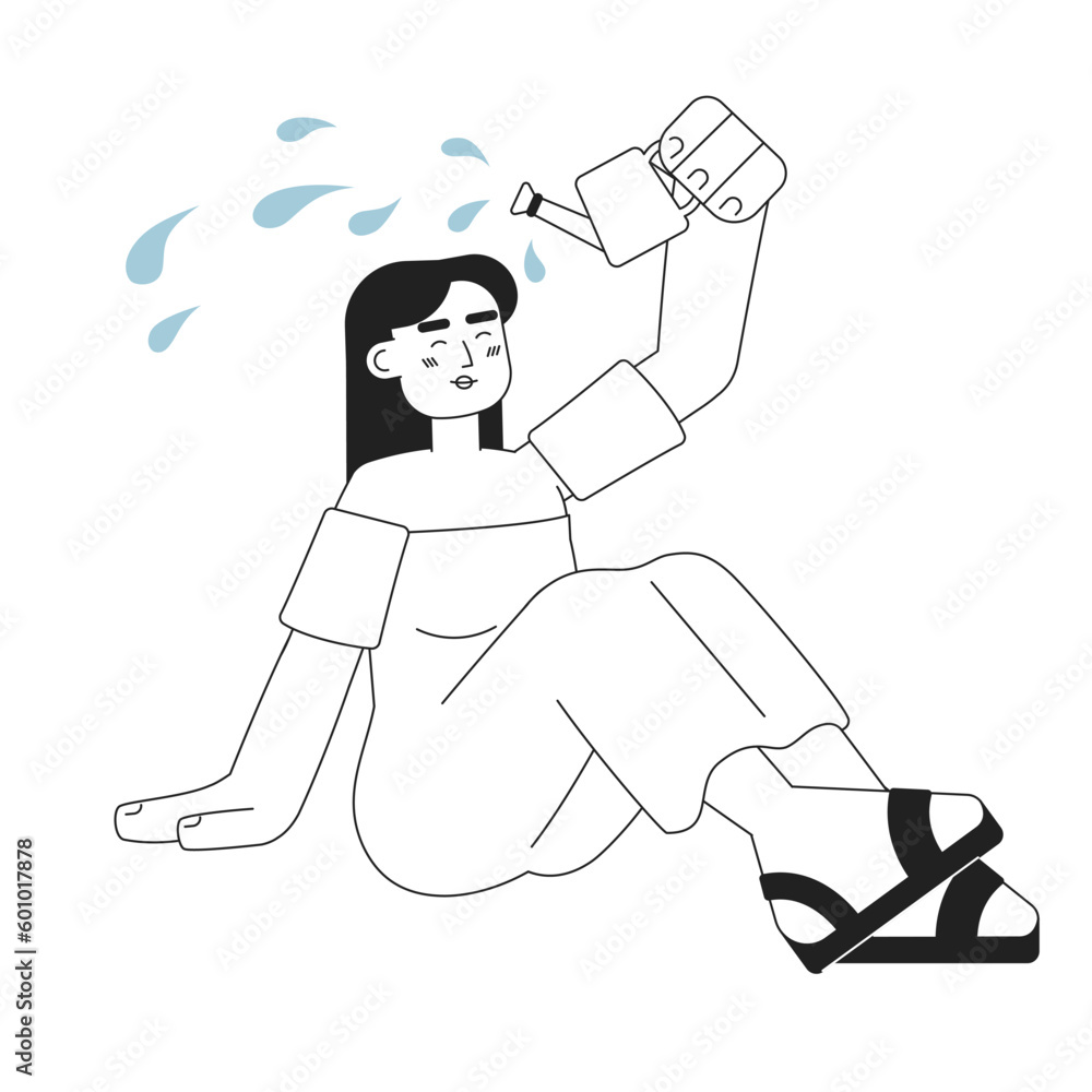 Attractive happy brunette woman watering herself monochromatic flat vector character. Self care concept. Editable line full body person on white. Simple bw cartoon spot image for web graphic design