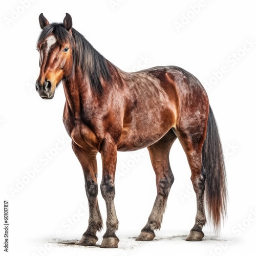 Horse standing and looking at camera isolated on white background with shadow. generative AI