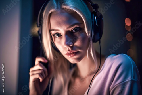 Musical Bliss: A Beautiful Blonde Woman Listening to Music with Headphones, ai generative