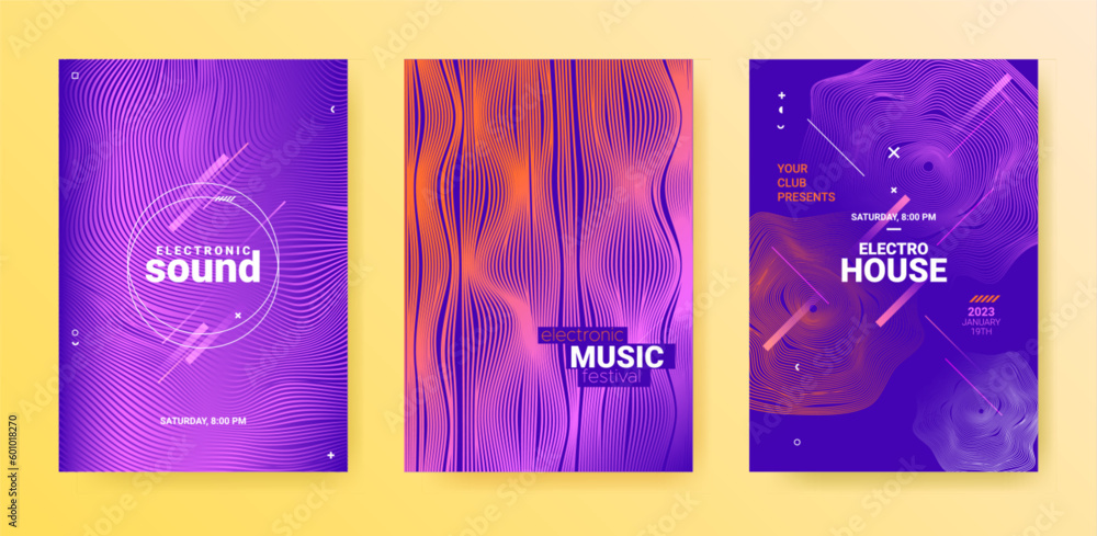 Abstract Music Posters Set. Electro Party Cover. Vector Edm