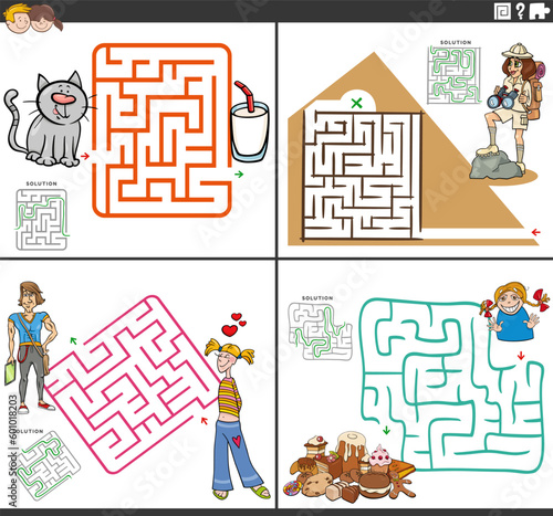 maze activity games set with funny cartoon characters