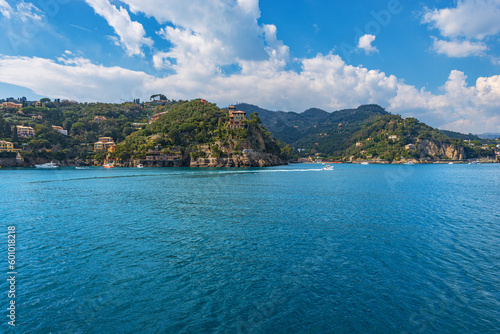 Coast of the famous village of Portofino, with the bay of Paraggi and Santa Margherita Ligure town.Luxury tourist resorts in Genoa Province, Liguria, Italy, Europe.