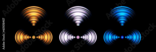 Blue, white, silver and gold glowing radio waves, wifi signal, radar sonar and sound waves. Wireless technology digital radar or sonar with blue light effect. Wi Fi connection and radio signal Vector.