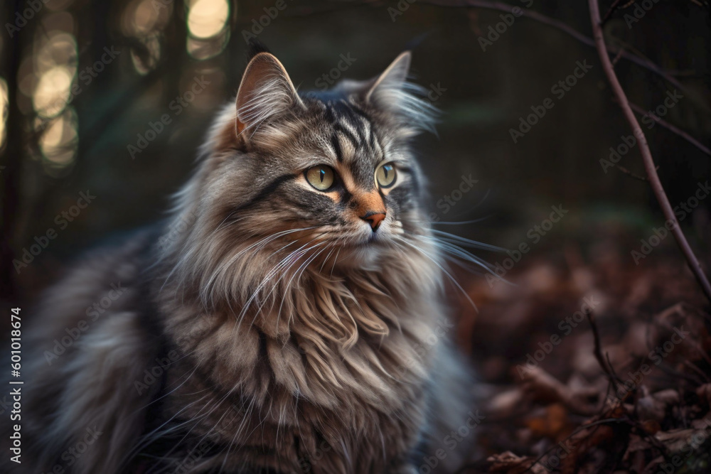 Siberian Forest Cat in forest. Generative AI illustration