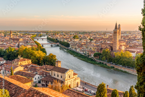 Aerial view of Verona at sunset, Veneto region, Italy.