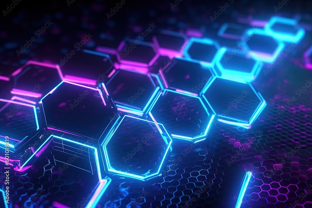 abstract futuristic background with pink blue glowing neon moving high speed wave lines honeycomb and bokeh lights. Data transfer concept Fantastic wallpaper, Ai Generative