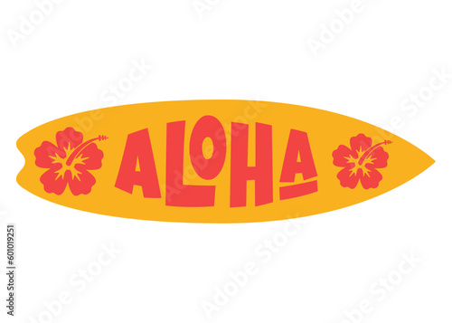 Logo club de surf. Letras palabra Aloha con letras estilo hawaiano con tabla de surf con flores de hibisco