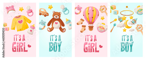 Baby shower greeting cards and invitations set. It's a girl. It's a boy. Items for newborn baby care. Cartoon vector template for social networks.