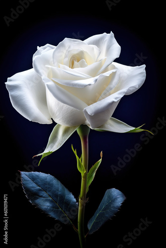 Beautiful white rose isolated on black background, photorealistic illustration created by Ai