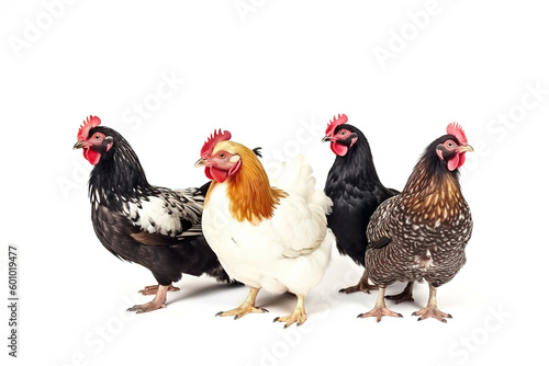 Chickens isolated on white background. Photorealistic generative art.