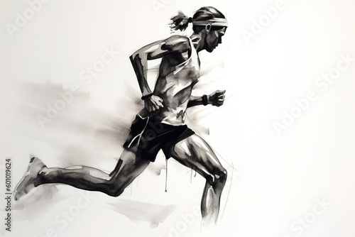 Women runner, side view. Charcoal drawing, generative art