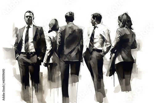 Business people in silhouette. Charcoal drawing, generative art