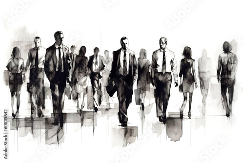 Business people on the move in silhouette. Charcoal drawing, generative art