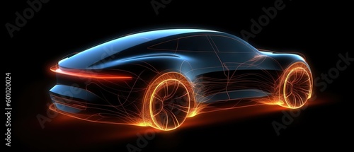 futuristic sport car driving speedily with light reflections in the dark