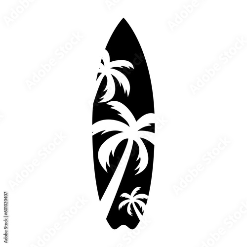Logo club de surf. Tabla de surf con la palma en espacio negativo