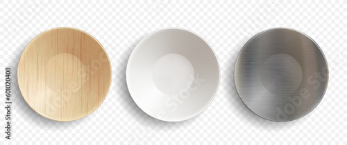 Set of vector ceramic, wooden and metal plates. Template isolated on transparent background.