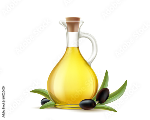 Glass jug with olive oil next to olives. Isolated on white background. Vector illustration